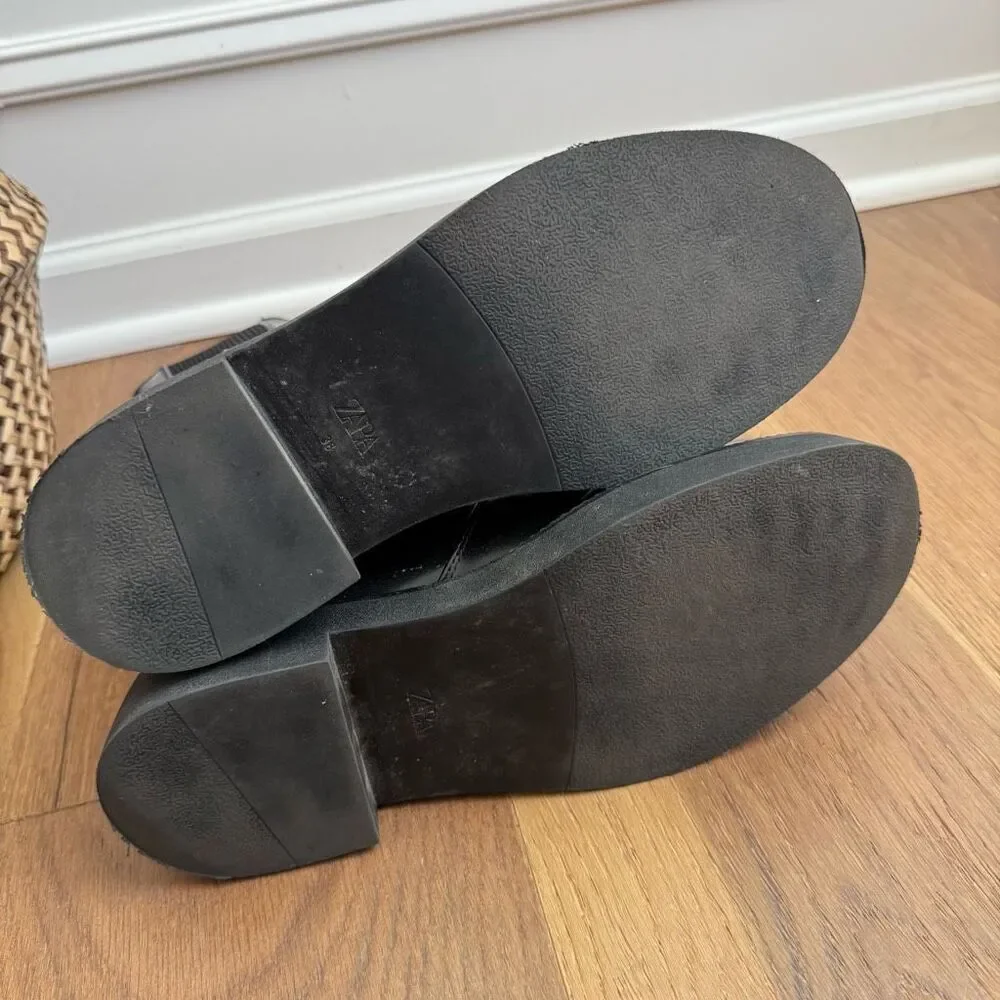 Zara Faux Patent Leather Chelsea Boots Black Block Heel 38 7.5